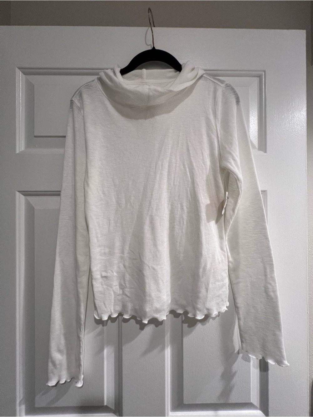 FREE PEOPLE- White Long-Sleeve Ruffle Hem Top with Hood